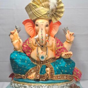 Titwala Ganesh Round Seat(Fabric Dhoti, Shela,Feta)-Metallic Blue(Art-2)