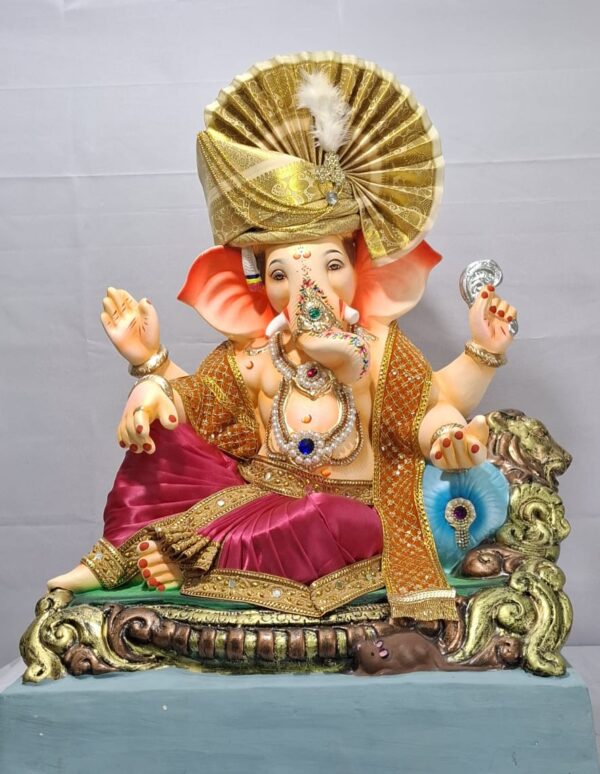 Peshvepose Ganesh on antique finish Sofa(Fabric Dhoti, Shela,Feta)-Red(Art-25)