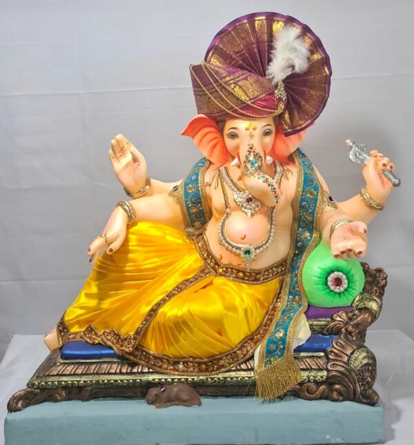 Peshvepose Ganesh on antique finish Sofa(Fabric Dhoti, Shela,Feta)-Golden Yellow(Art-6)