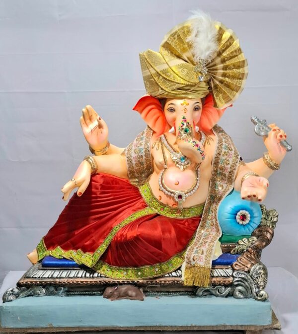 Peshvepose Ganesh on antique finish Sofa(Fabric Dhoti, Shela,Feta)-Red(Art-7)